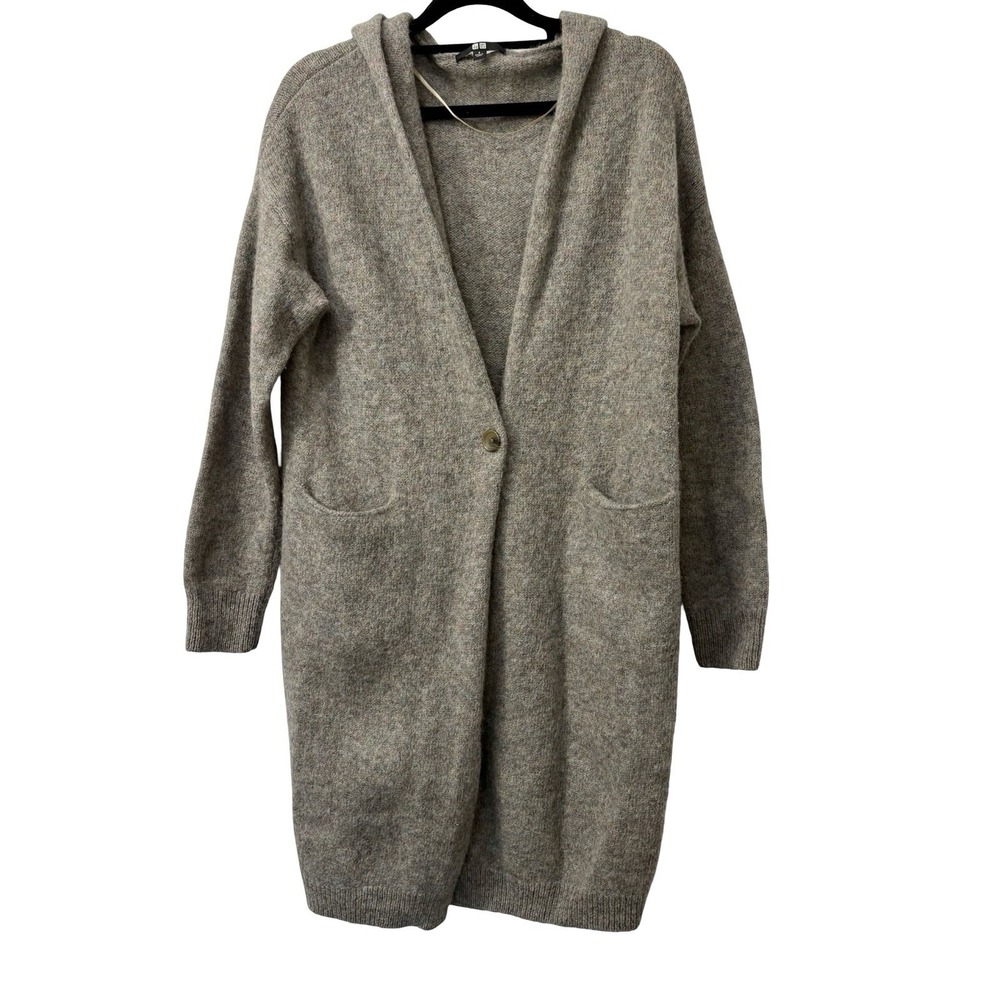 Uniqlo Gray Longline Single Button Hooded Cardigan 100% Wool Sz Small